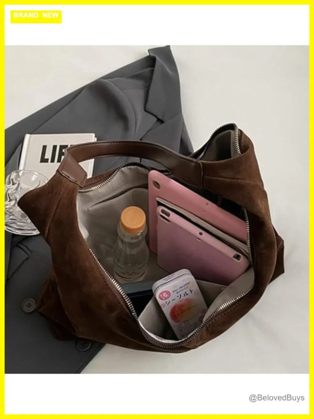 Faux Suede Hobo Shoulder Bag Tote Fall Winter Work Travel Handbag